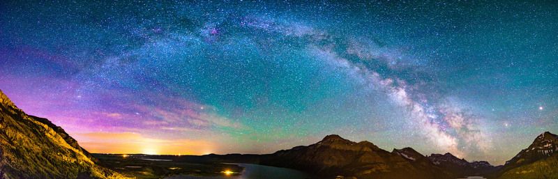 canada, alberta, waterton, milky way, air glow, colours, june, panorama В ночи. фото превью