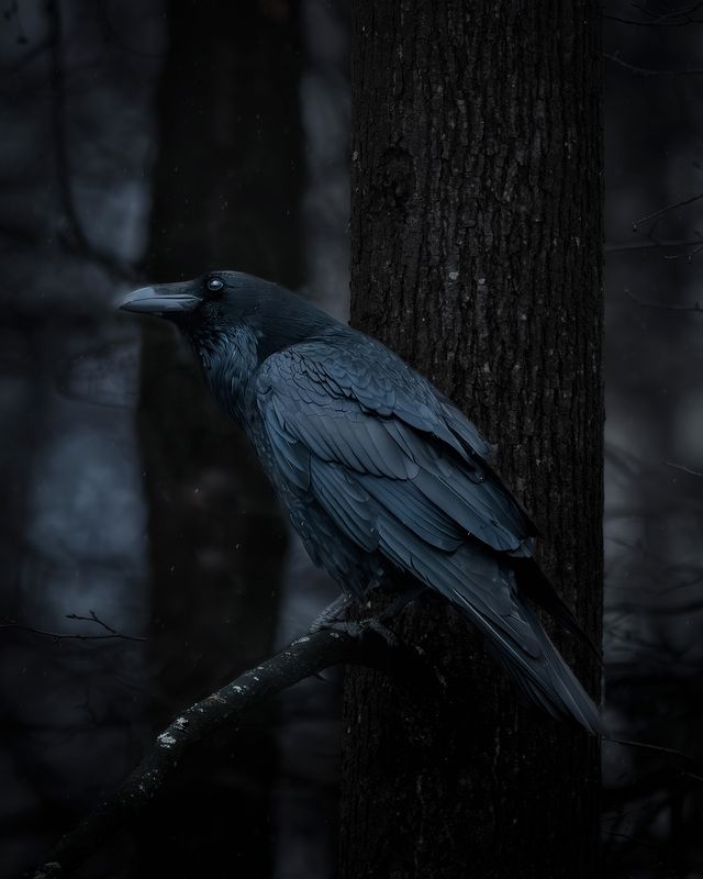 ворон, вечер, темота, тёмный фон, лес, raven, darkness, фотоохота, wildlife Князь тишины фото превью