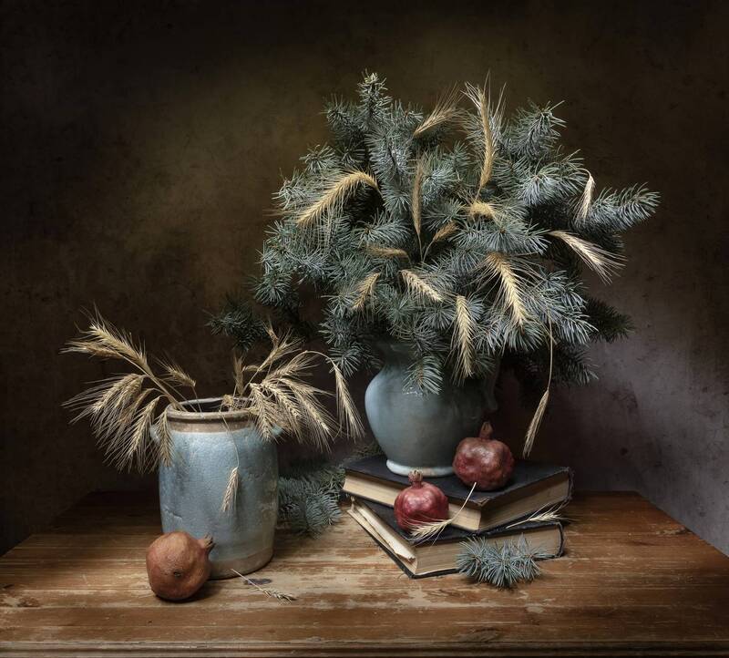 натюрморт, ель, колоски, гранат Зимний фото превью
