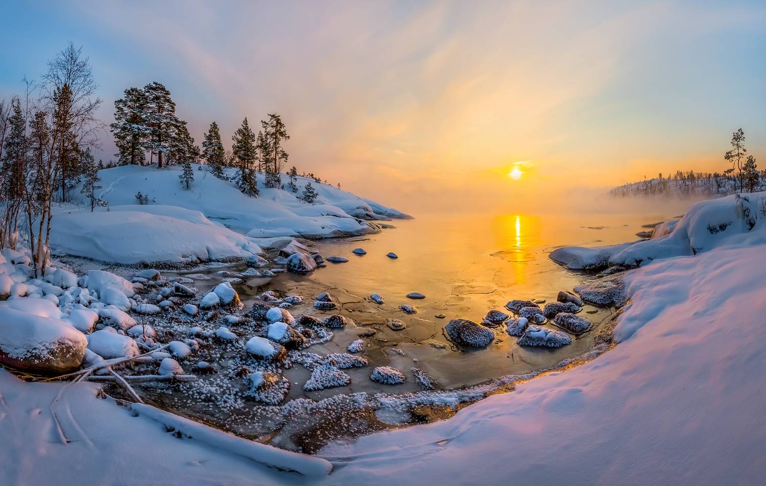 зима, зимнее, снег, снежное, в снегу, ладожское озеро, карелия, сосна, дерево, остров, скалы, рассвет,, Лашков Фёдор
