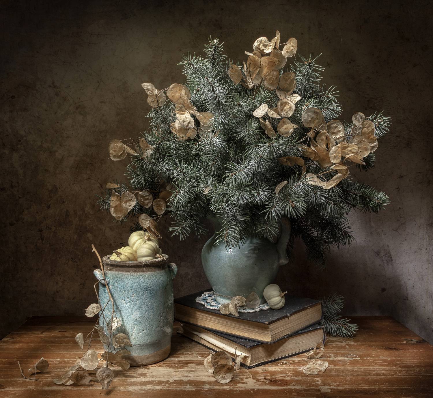 натюрморт, лунник, ель, тыквы, Татьяна Феденкова