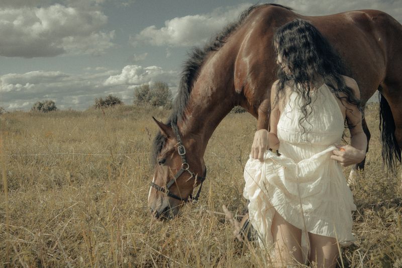 лошадь девушка пейзажный портрет белое платье поле В поле фото превью