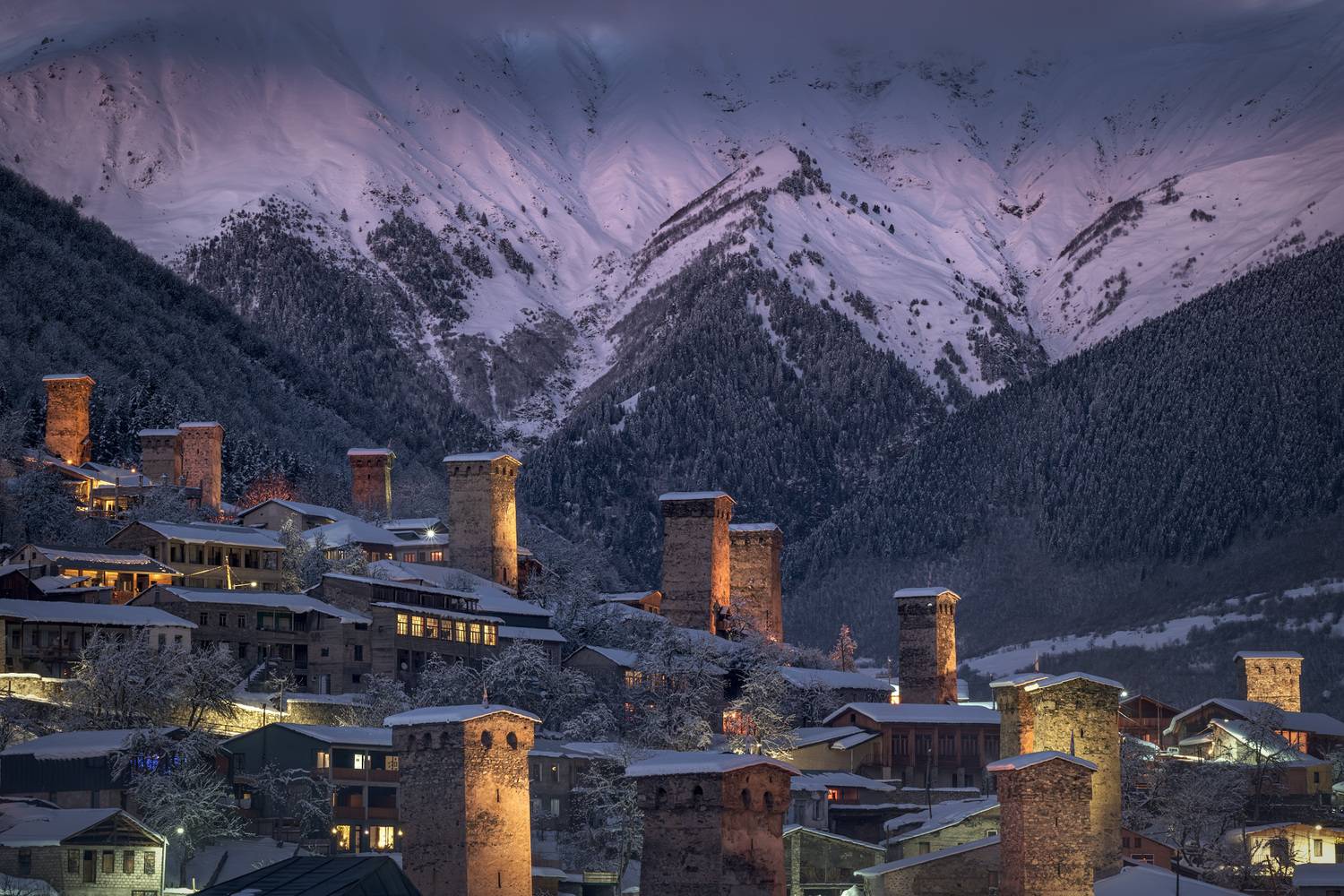 svaneti, mestia, night, lights, towers, winter, twilight, mountains, clouds, sky, high, landscape, scenery, travel, outdoors, georgia, sakartvelo, chizh, Чиж Андрей