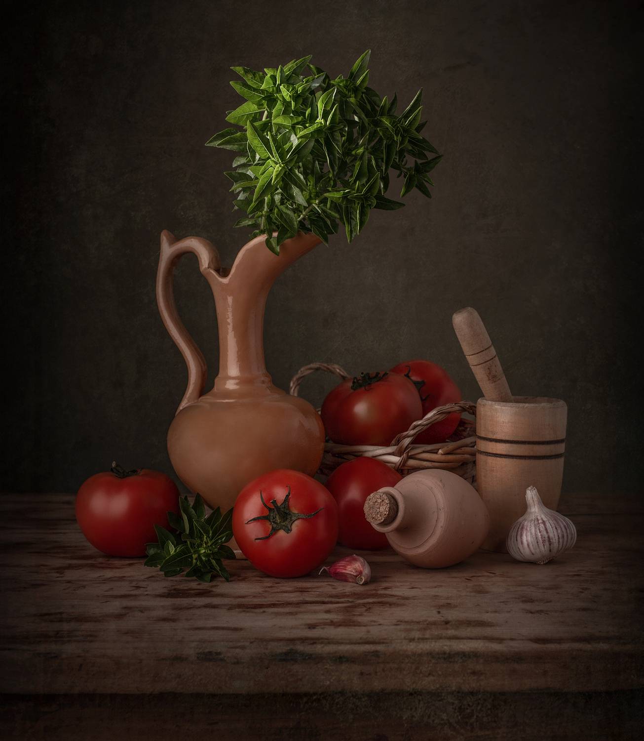 Still Life, basil, tomatoes, red, green,texture, Maria Margareth Perfoncio