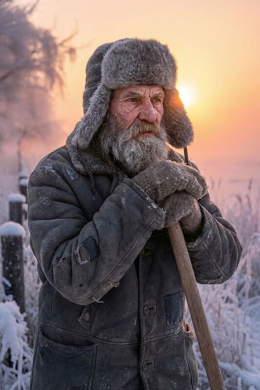 Портрет, дед, пожилой, мужчина с бородой, дед с бородой, рассвет, зима, зимний взрослый портрет, дед в шапке, дед в тулупе Деда Игнат фото превью
