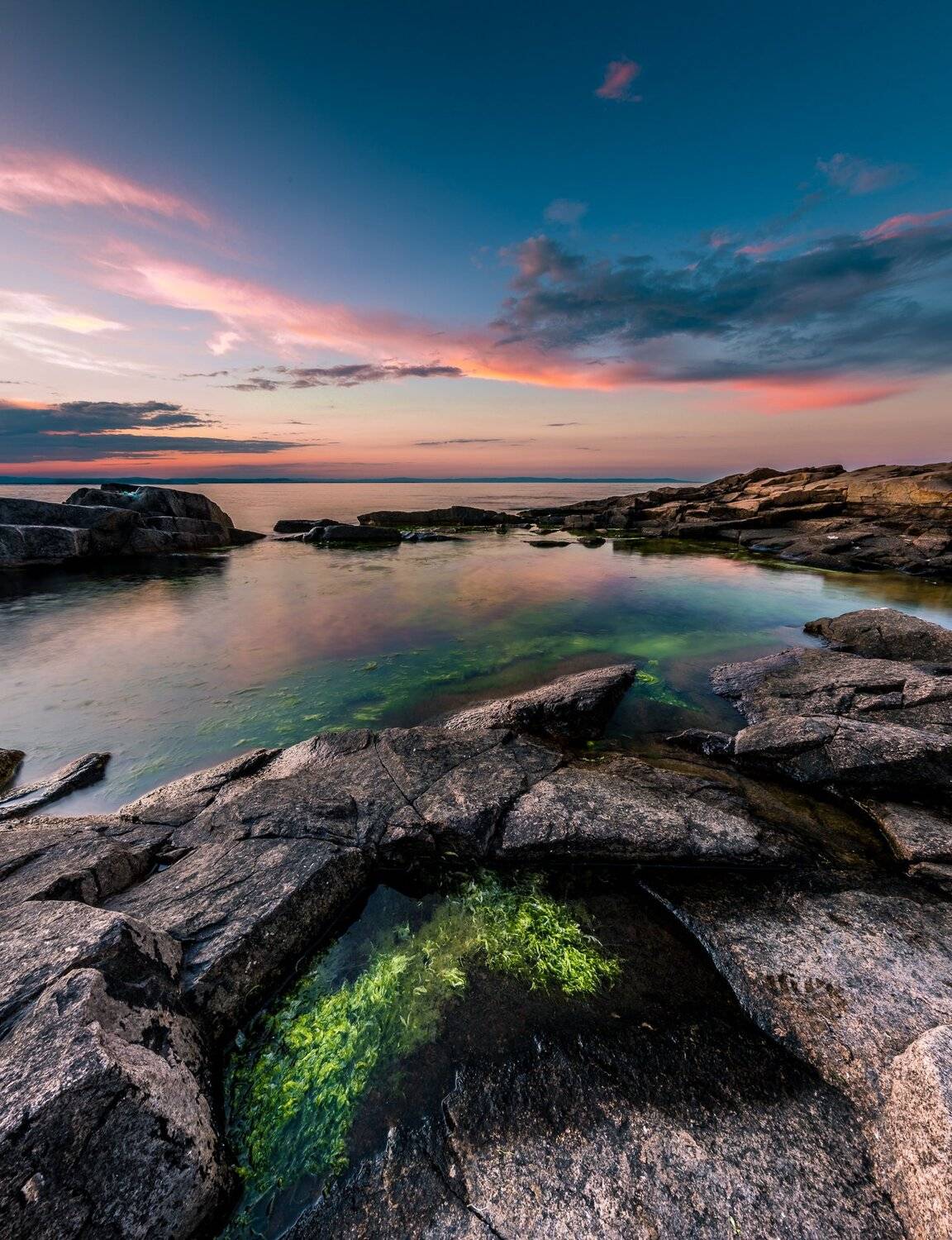 sunset, roks, sea, seascape, green, clouds, sky, Jeni Madjarova