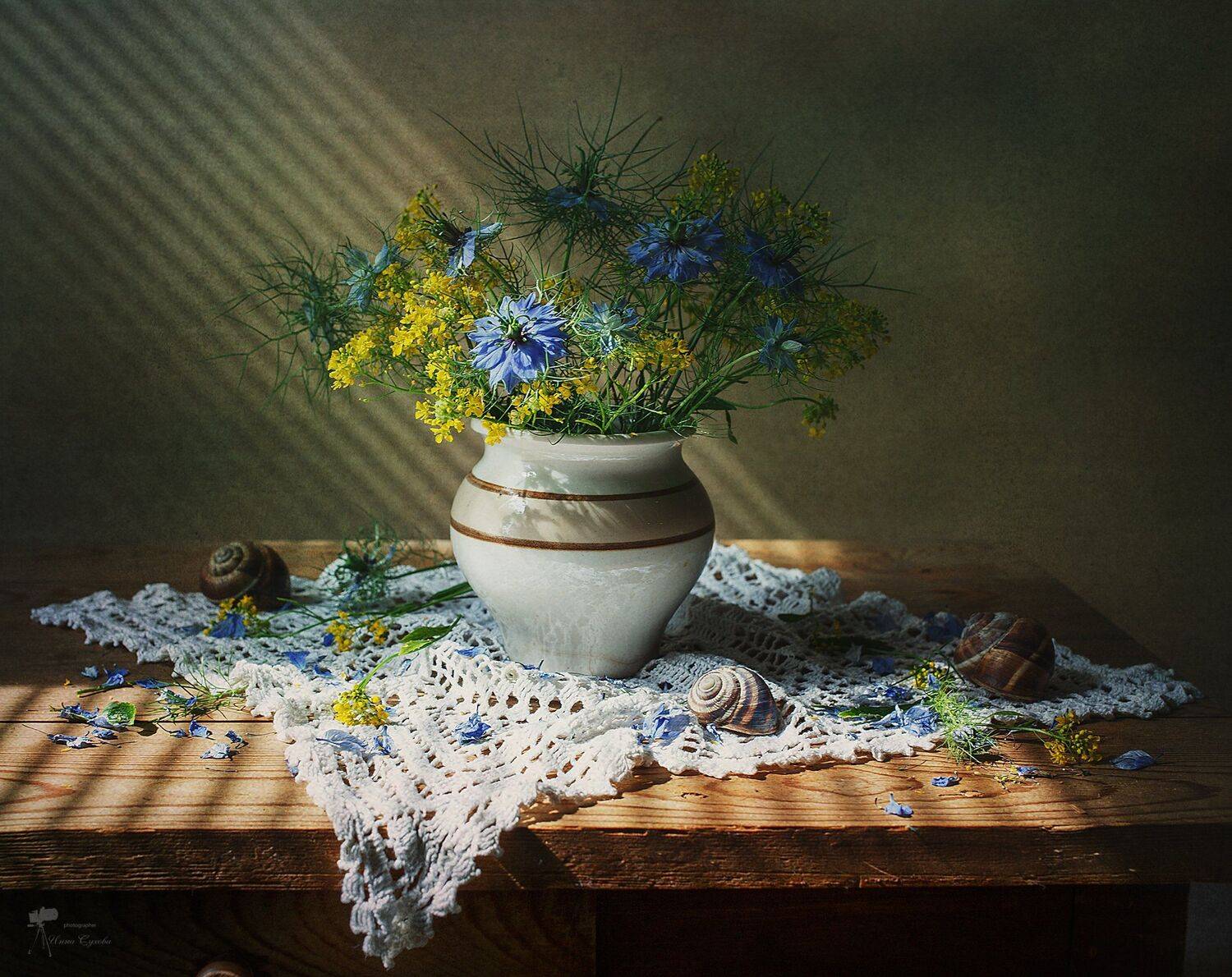 Ваза, Нигелла, Салфетка, Улитки, Цветы, Инна Сухова