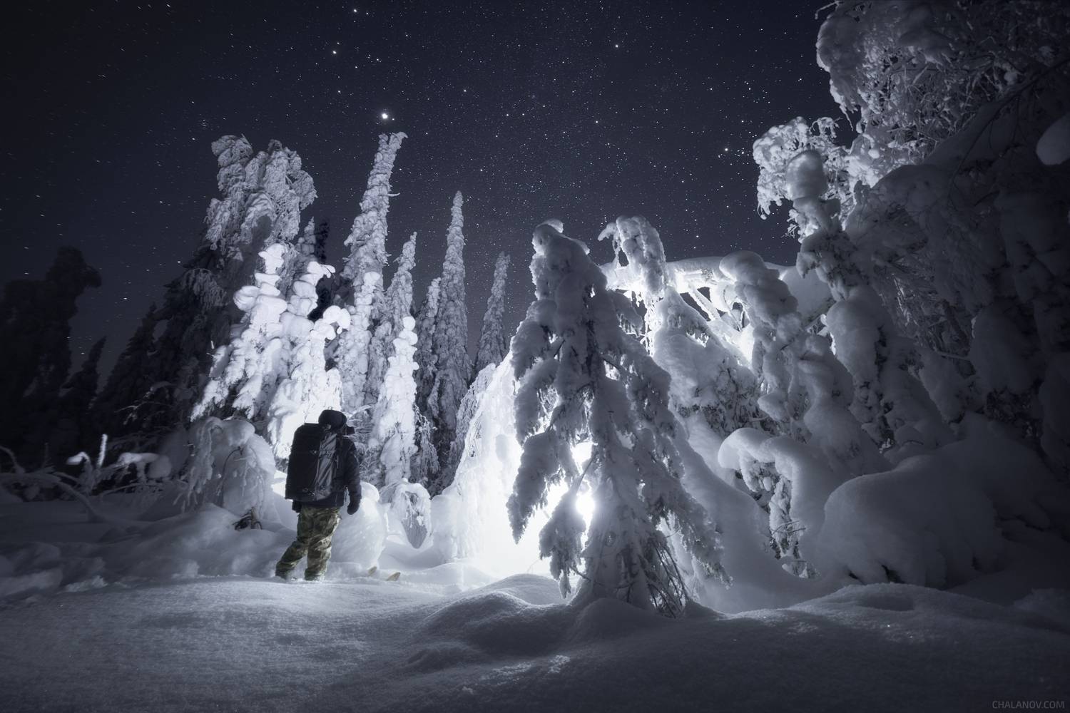 ночной пейзаж, ночь, зима, мороз, снег, звезды, тайга,, Иван Чаланов