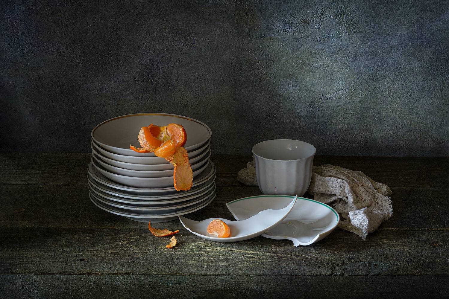 чайное блюдце, чашка, мандарин, тряпка, Алексей Бычков