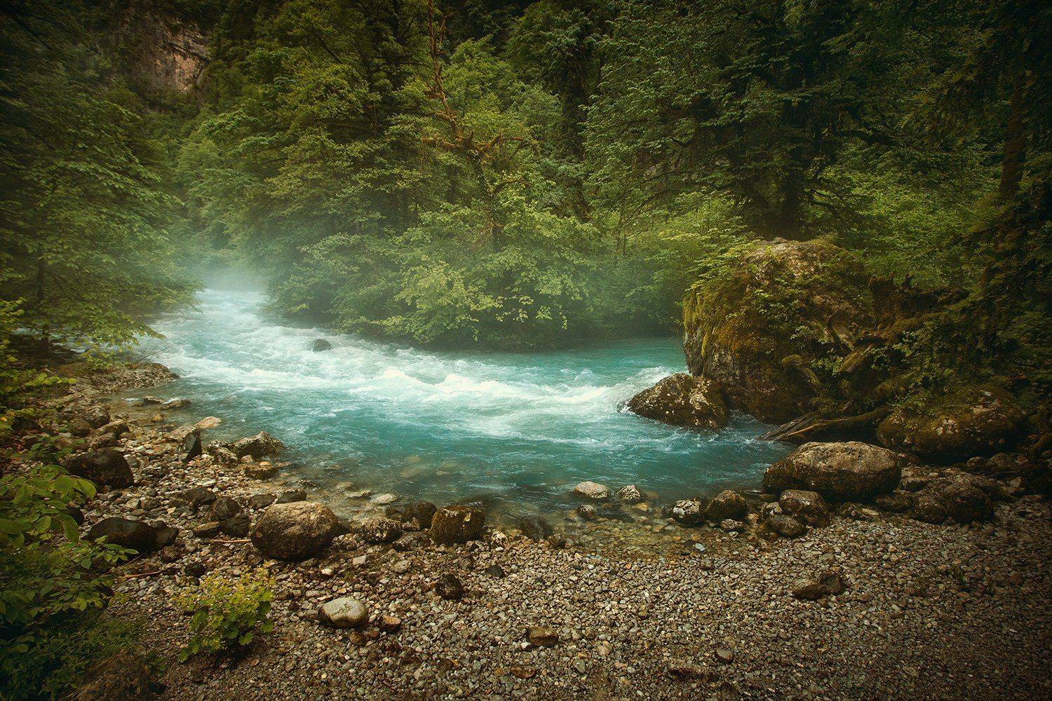 Абхазия, Рица, Бзыпь, река, течение, камни, горы, лес, туман, Евгений Кутузов