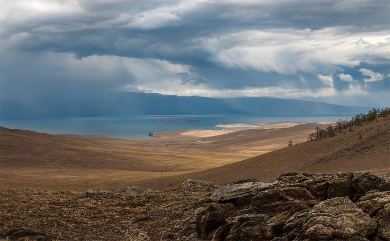 Байкал, Дождь, Лето, Небо, Озеро, Ольхон, Остров, Панорама, Пейзаж, Природа, Сибирь, Тучи Ольхон фото превью
