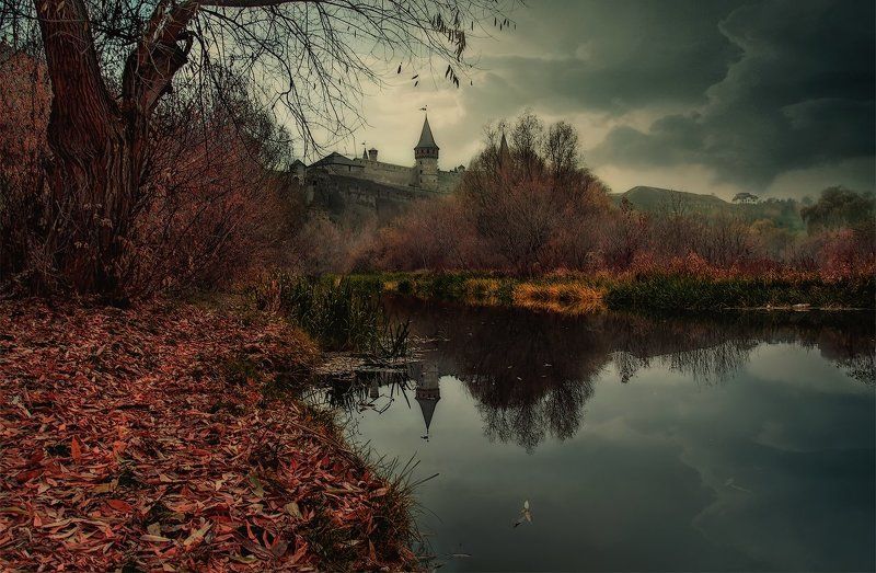 Вечер, Дерево, Каменец-Подольский, Осень, Отражение, Река, Смотрич, Тучи, Украина мрачный вечер на реке Смотрич II фото превью