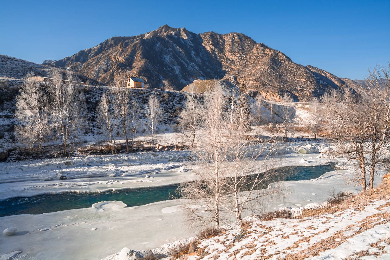 россия, горный алтай, река, дом, зима, Андрей Поляков