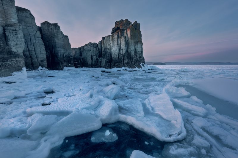 приморье, приморский_край, мыс_брюса, маяк_бюссе, японское_море, пейзажи_приморья Вечер среди льдов Японского моря фото превью