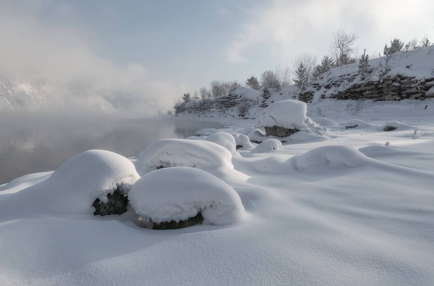 зима, мороз, иней, изморозь, енисей, сибирь, река парит, причал, Марина Фомина