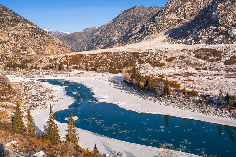 россия, горный алтай, река катунь, цвет реки, зима, январь Катунь зимняя фото превью