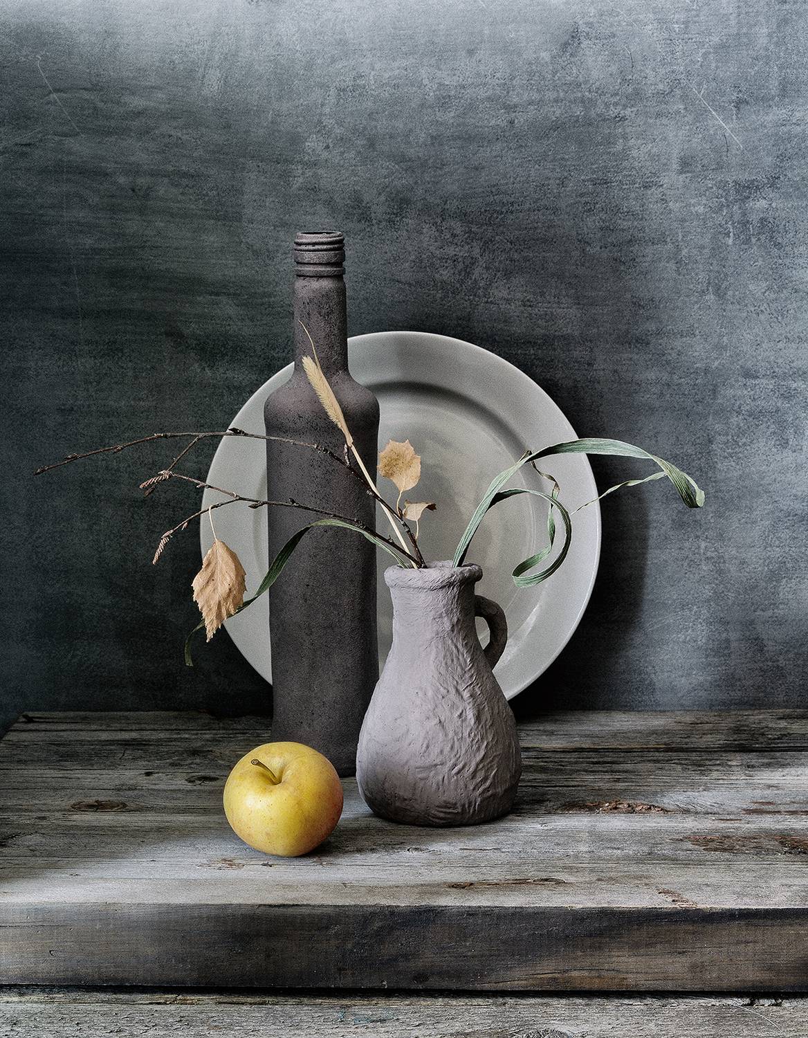 яблоко, бутылка, ваза, листья, трава, Алексей Бычков