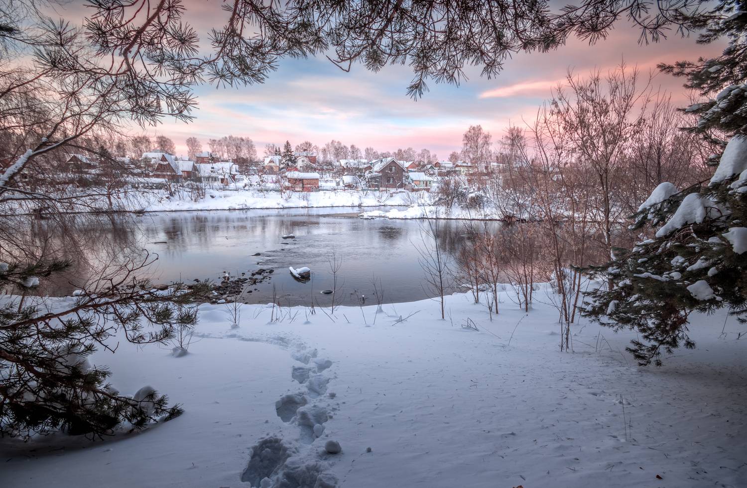 пейзаж, зима, река, деревня, рассвет, мороз, Васильев Игорь