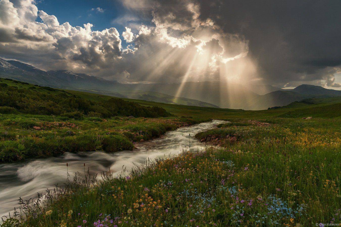 Бартагуль, Вечер, Горы, Закат, Лето, Лучи, Облака, Река, Ольга Кулакова