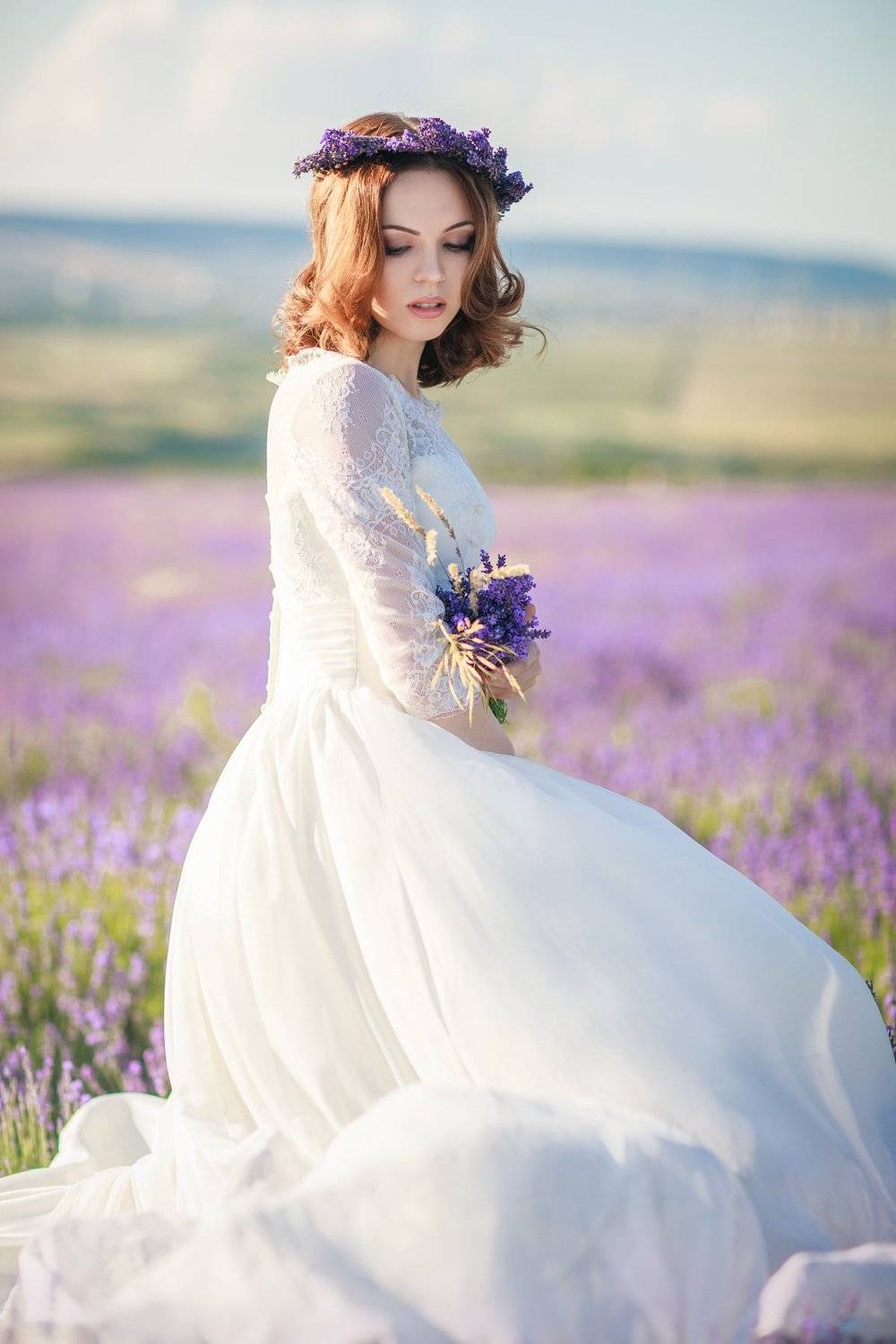 Белое платье, Венок, Девушка, Крым, Лаванда, Невеста, Нежность, Поле, Цветы, Юная, Пекшева Светлана