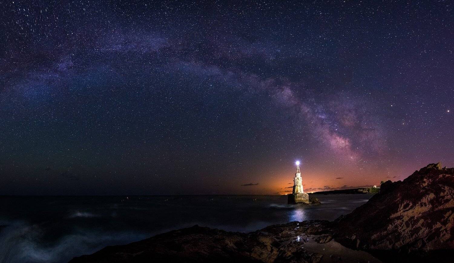 night, stars, milky way, nightsacape, lighthouse,sea, waves, rocks, Jeni Madjarova