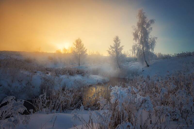 Морозное утро в деревне Малая Кожуховка. Река Деготня, Тульская область, Шекинский район фото превью