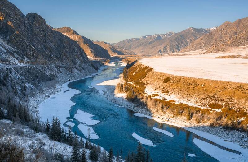 россия, горный алтай, река катунь, катунские террасы, зима, январь Катунь фото превью