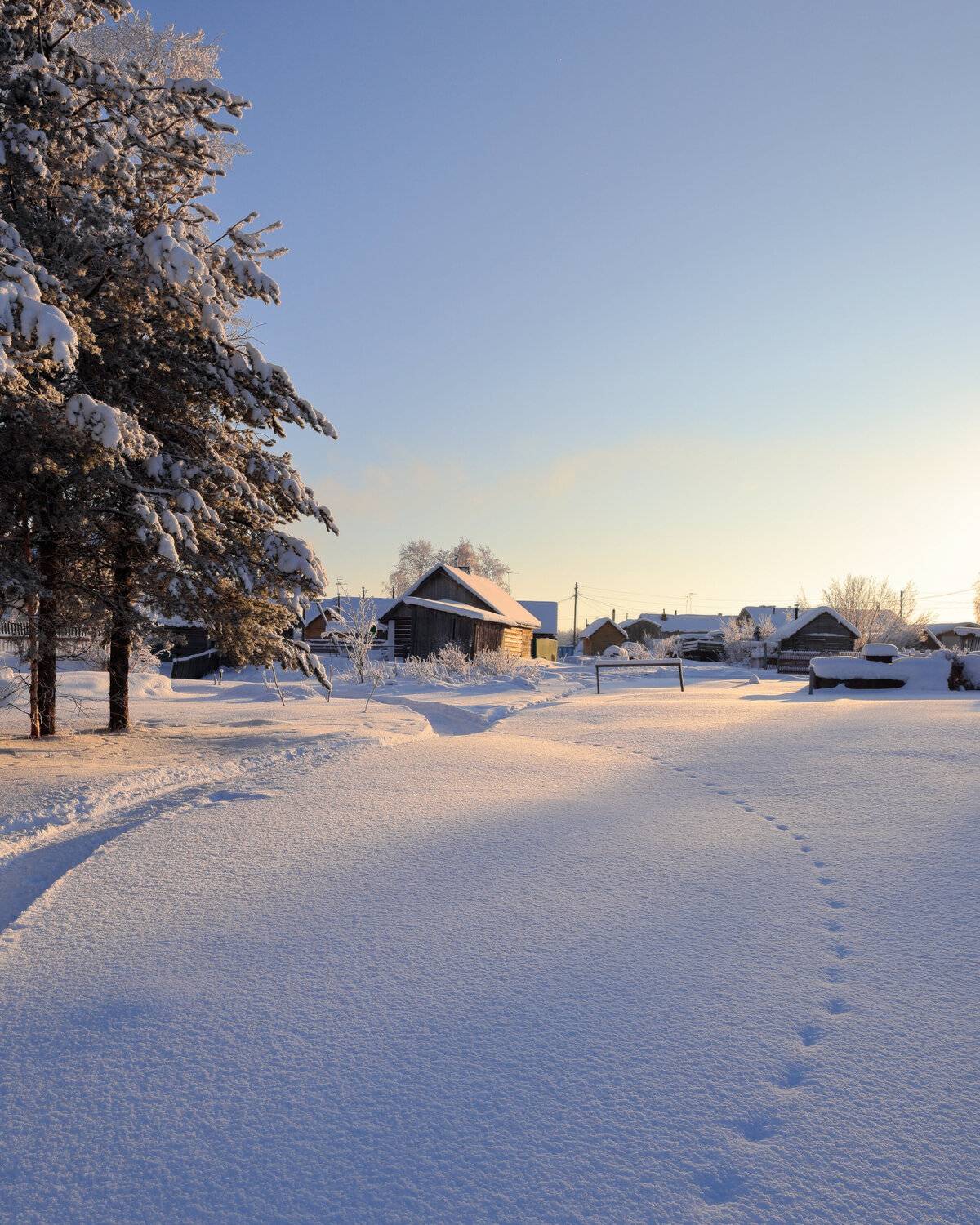 зима, вечер, снег, пейзаж, деревня, север, Александр Титов