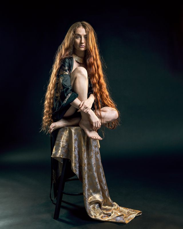 fine art, studio portrait, copper hair, emerald background, golden fabric, theatrical lighting, contemplative gaze, seated figure, jeweled choker, classical beauty, baroque aesthetic, figurative photography, draped textile, art nouveau, introspective mood The Oracle\'s Vigil фото превью