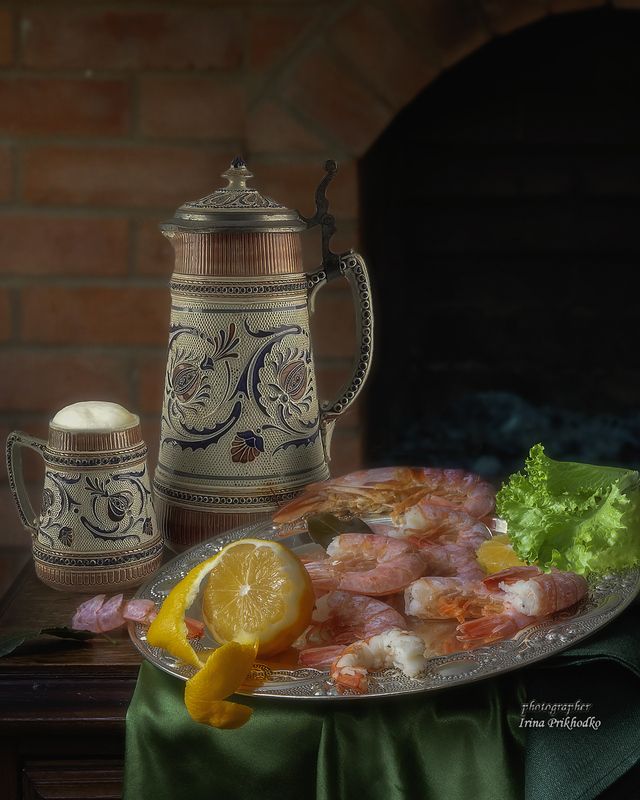 натюрморт, еда, напитки, пиво, креветки, морепродукты С креветками и пивом фото превью