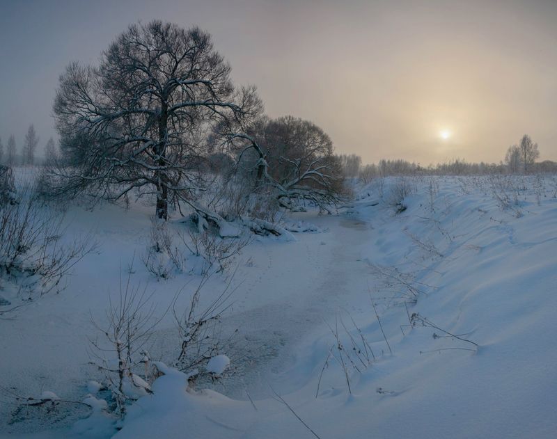 зима, река, рассвет  фото превью