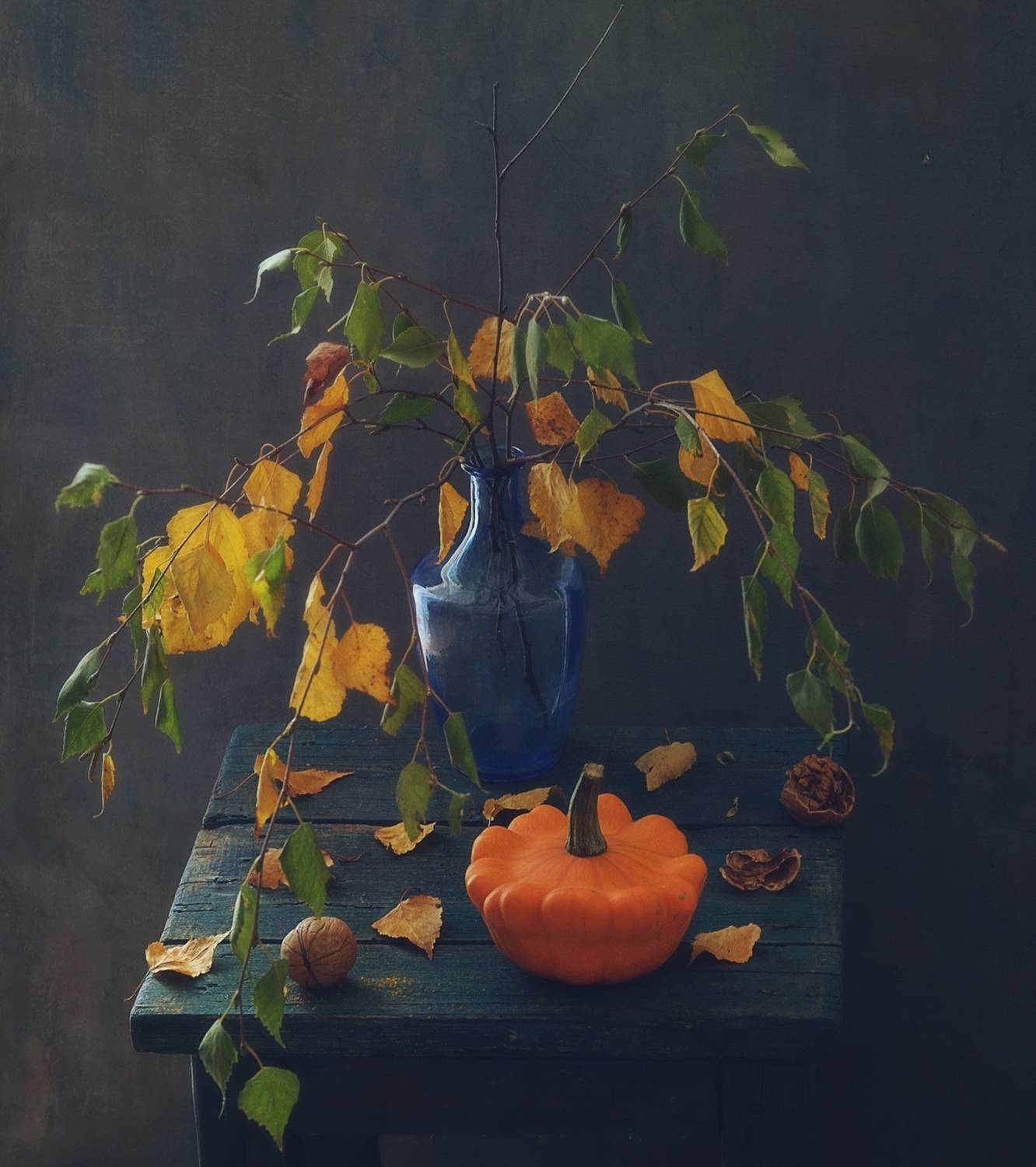натюрморт, осень, листья, орехи, патиссон, Наталия К