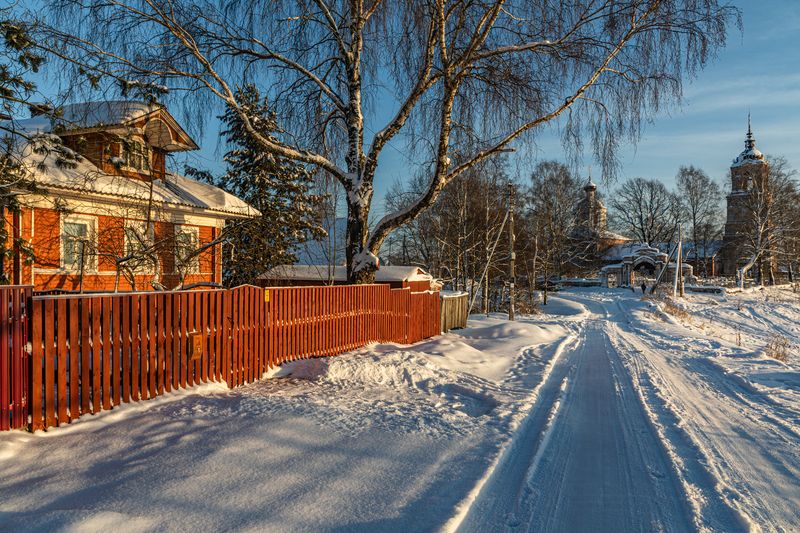 Зима, снег, вечер, дорога, деревня Деревенский пейзаж фото превью