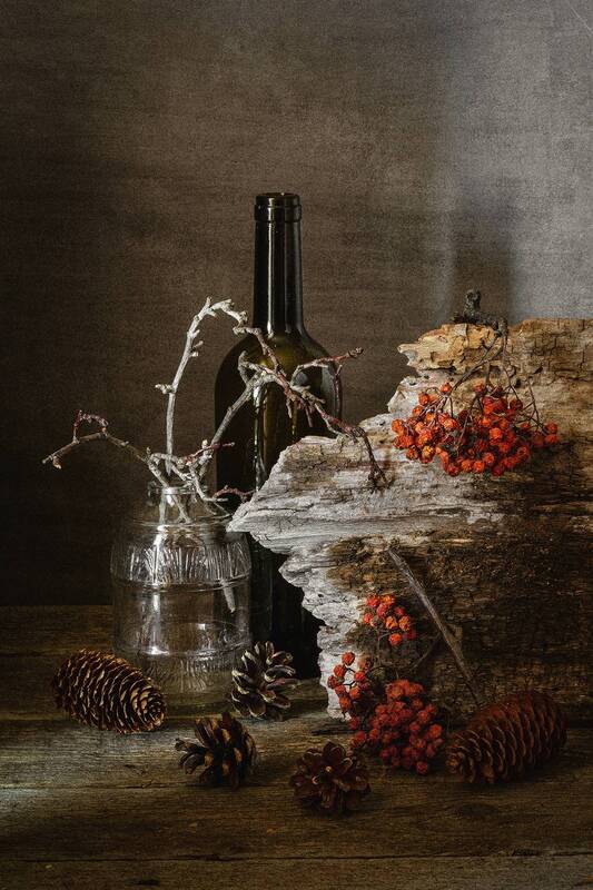 шишки, бутылки, ветки, старая доска, ягоды, рябина  фото превью