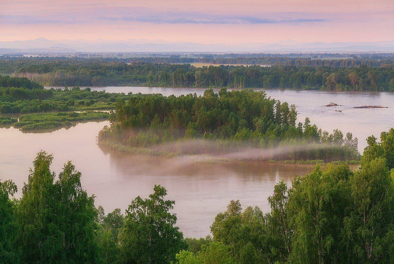 Altai, Altai krai, Katun, Алтай, Алтайский край, Катунь, Остров, Рассвет, Туман, Павел Филатов