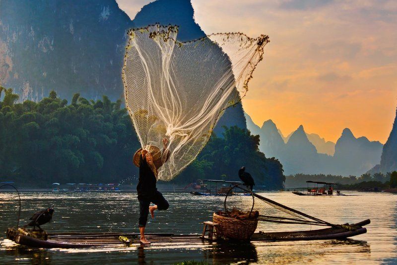китай, река ли, рыбалка, закат Ловля сетью фото превью