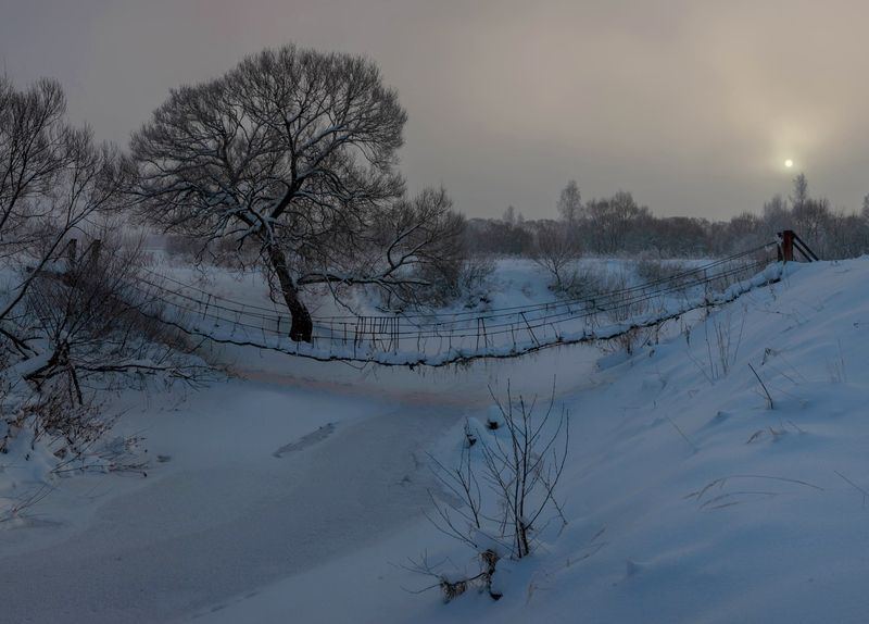 зима, река, мостик  фото превью