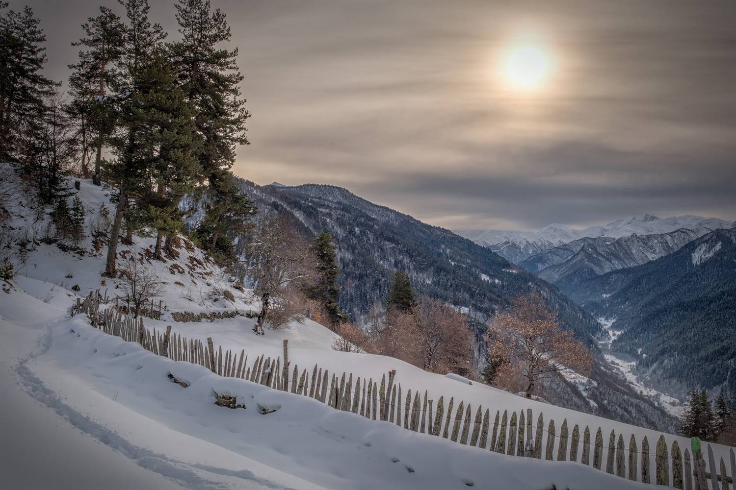 svaneti, mountains, snow, winter, trees, sky, cloudy, sun, fence, path, january, nature, high, landscape, scenery, travel, outdoors, georgia, sakartvelo, caucasus, chizh, Чиж Андрей