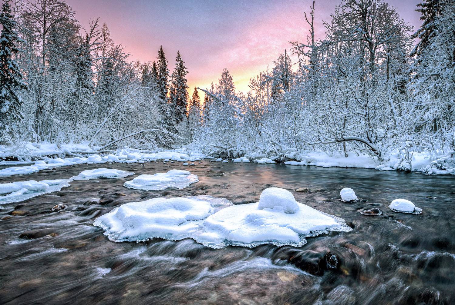 Кольский, Рассвет, Зима, Река, вода, снег, Критский Игорь