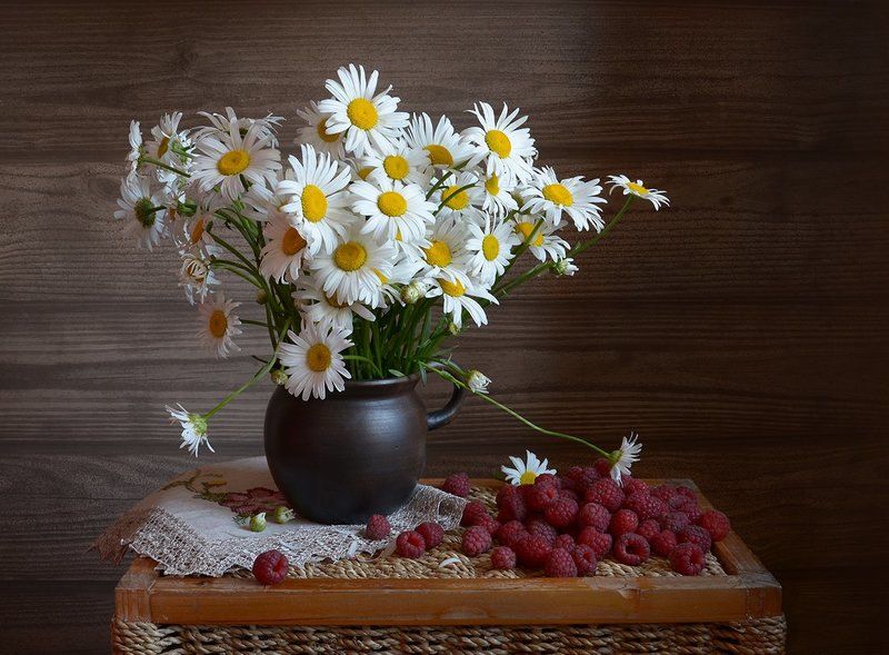 натюрморт, лето, июнь, календарь, ромашки, малина, still life Июнь фото превью