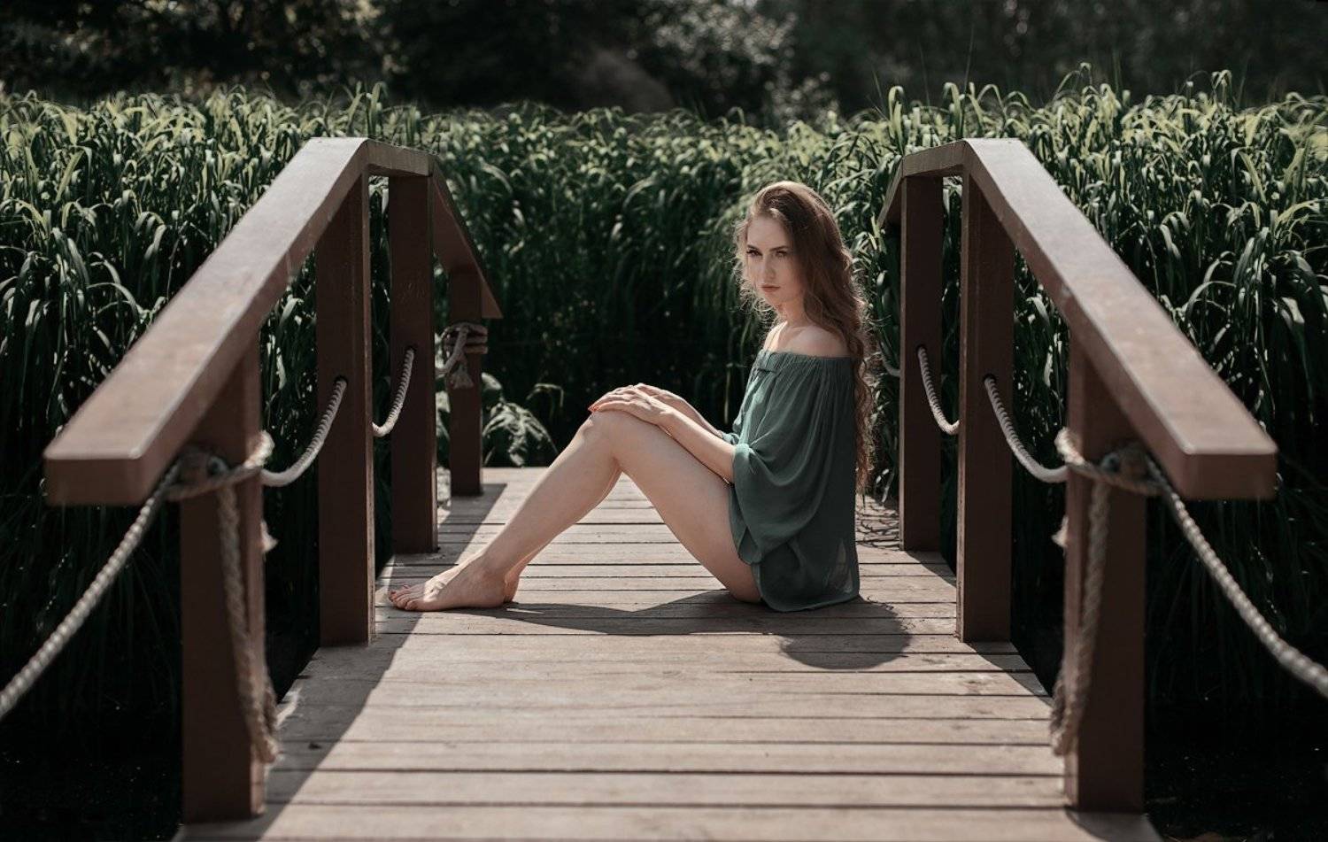 мост,девушка,зелень,трава,цветы,розарий, Andrew Fire