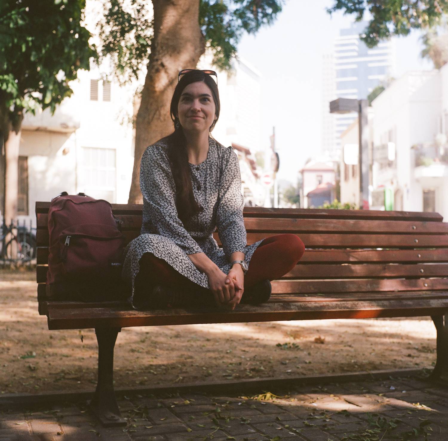 travel photography, portrait, lifestyle photography, film photography, kodak portra, yashica, medium format, analog photography, candid, natural light, backpacker, solo travel, park bench, street photography, warm tones, film grain, wanderlust, adventure, Rozman Erik