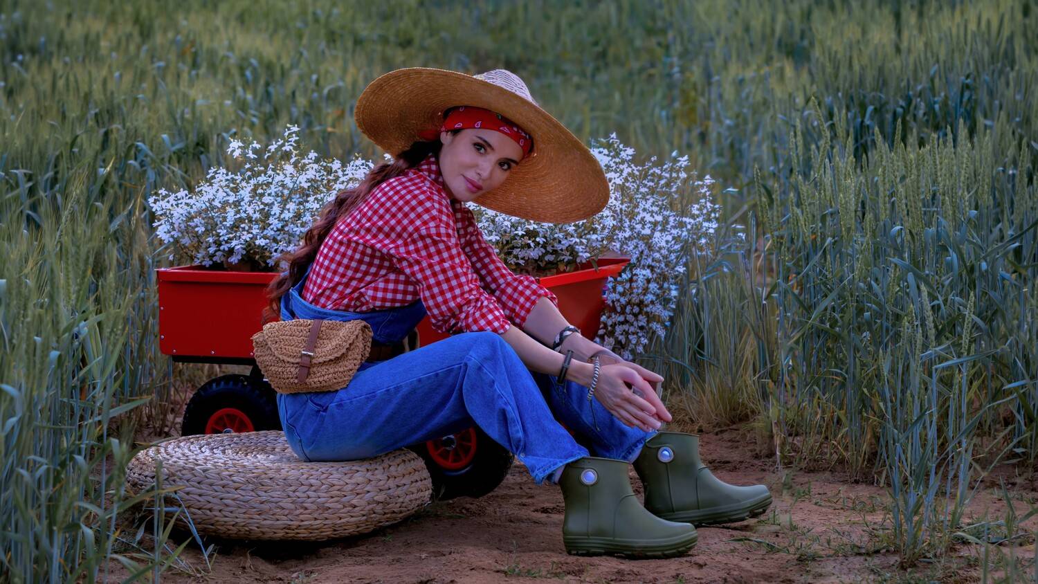 Девушка, поле. тележка, лето, цветы, колосья, рабочий костюм, Герцен Наталья