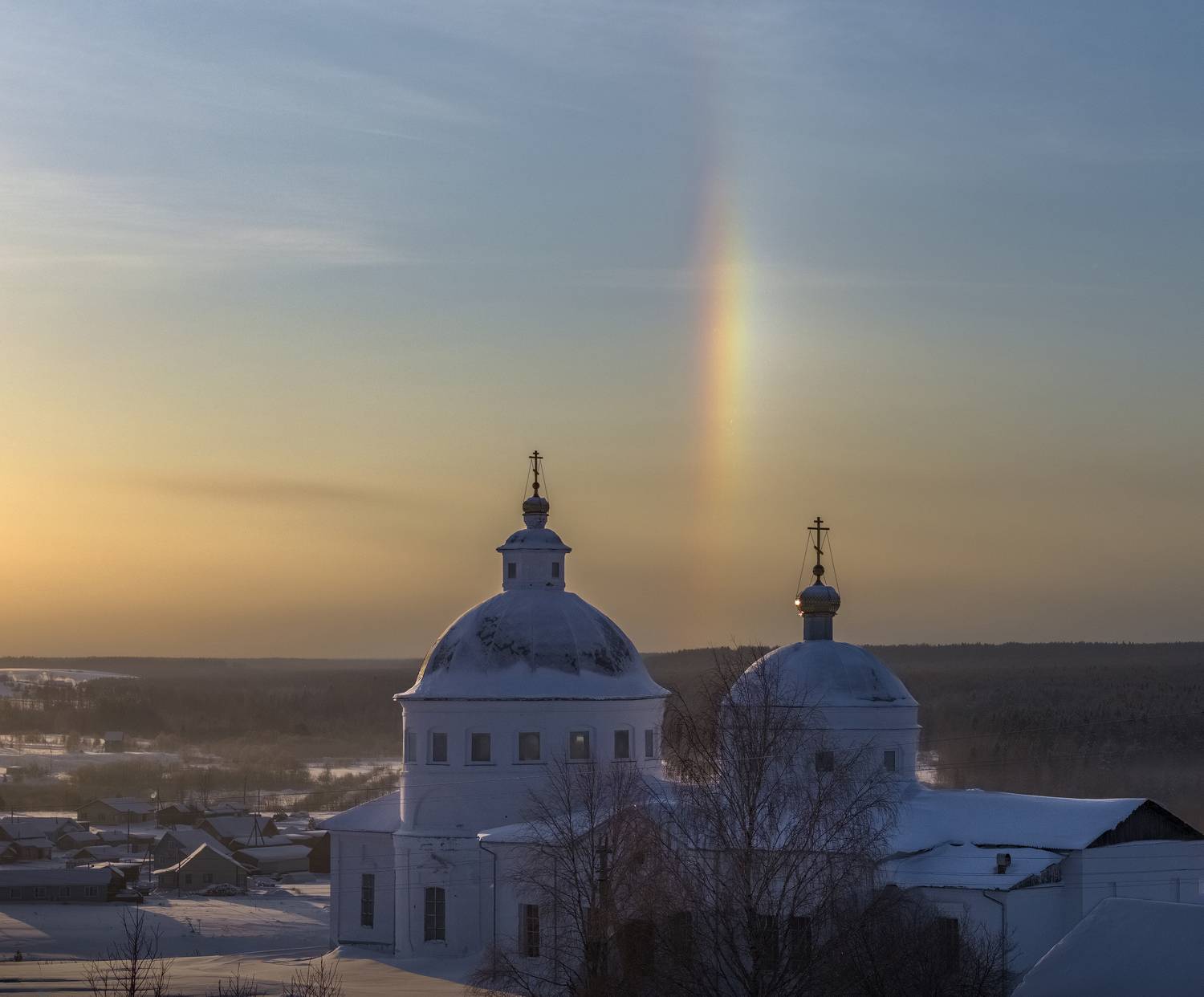 рассвет, гало, храм, церковь, устьянский район, архангельская область, аэросъемка, вид сверху, русский север, Игорь Юркин