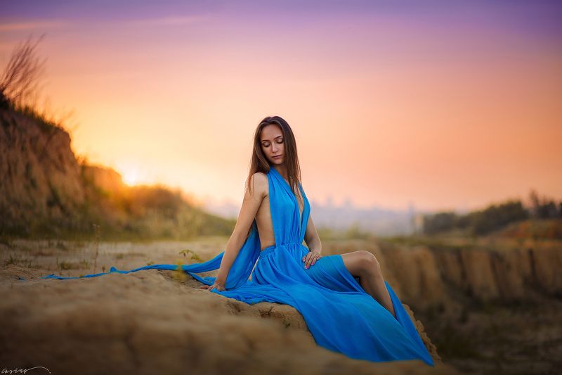 sun, sunset, sky, beauty, girl, dress, portrait В последних лучах Солнца фото превью