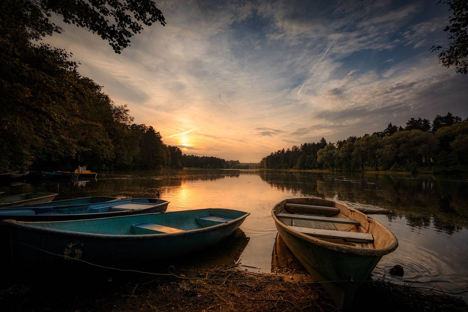 озеро, лодка, закат, вечер, Сергей Студнев