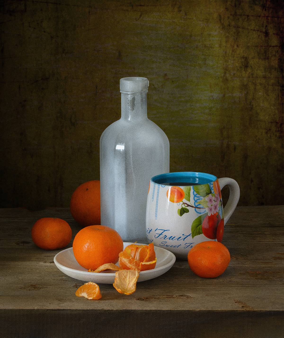 мандарины, бутылка, блюдце, бокал, Алексей Бычков