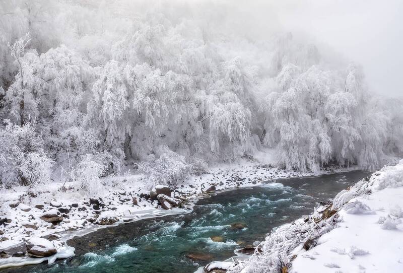 кавказ, кабардино-балкария, кбр, малка, зима в горах, горы зимой, иней, горная река, туман Зимнее утро на горной реке фото превью