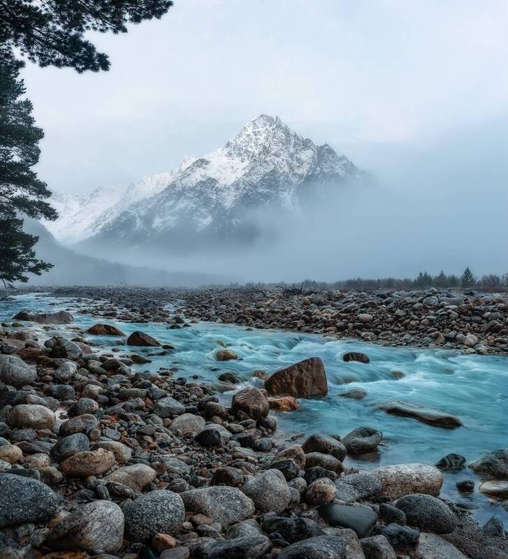 кавказ, кабардино-балкария, кбр, чегем, чегемское ущелье, горы, тихтенген, горная река, туман, утро, утро в горах Утренний туман фото превью