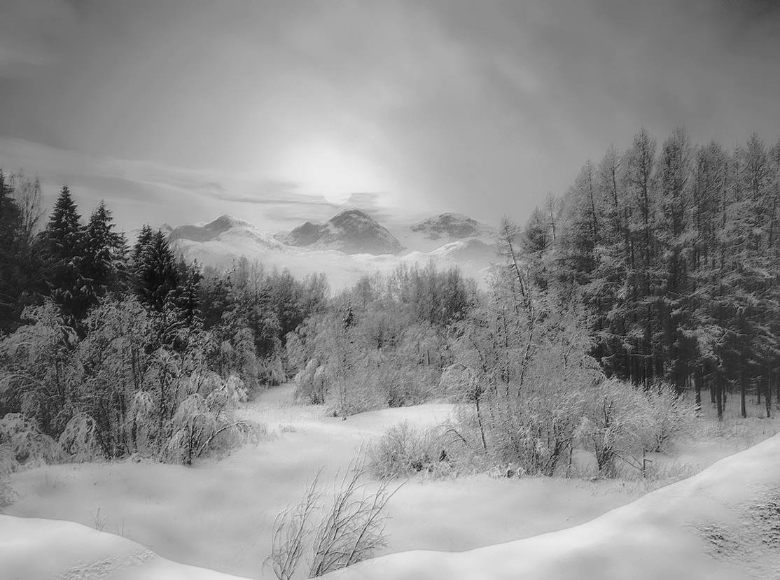 пейзаж, природа, зима, горы, лес, рассвет, солнце, небо, DX